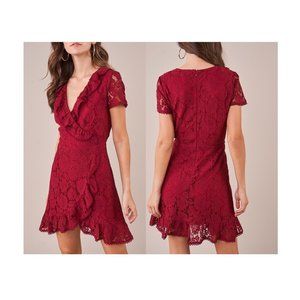 Adorable lace wrap dress ruffle in burgundy